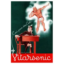 Publicité Art Déco Vitarsenic reconstituant écolier pâle bureau athlète musclé rouge slogan années 1930