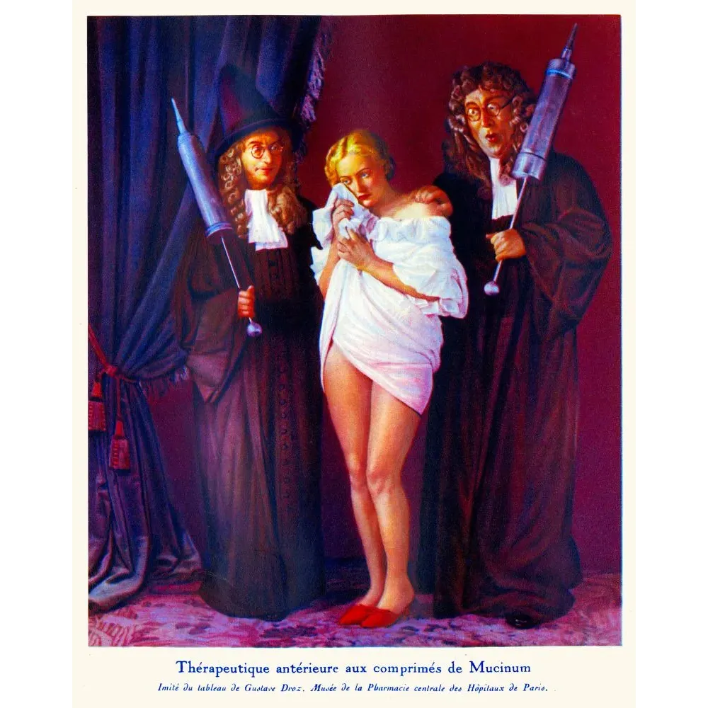 Publicité humoristique Mucinum médecins robe noire seringues patiente imitée Gustave Droz Pharmacie Paris Publicité humoristique Mucinum médecins robe noire seringues patiente imitée Gustave Droz Pharmacie Paris