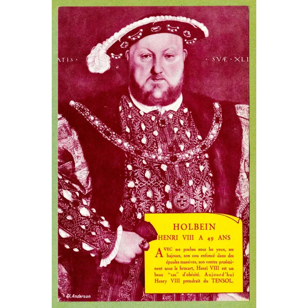 Publicité médicale Tensol portrait Henri VIII Holbein obésité bichromie bordeaux cartouche jaune années 1930 Publicité médicale Tensol portrait Henri VIII Holbein obésité bichromie bordeaux cartouche jaune années 1930
