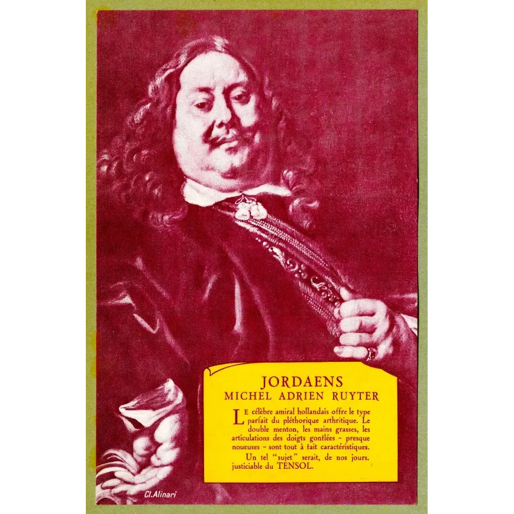 Publicité médicale Tensol portrait amiral Ruyter Jordaens arthritisme bichromie bordeaux cartouche jaune Publicité médicale Tensol portrait amiral Ruyter Jordaens arthritisme bichromie bordeaux cartouche jaune