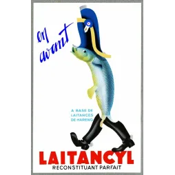 Publicité Art Déco Laitancyl poisson hareng grenadier napoléonien bicorne bottes noires reconstituant
