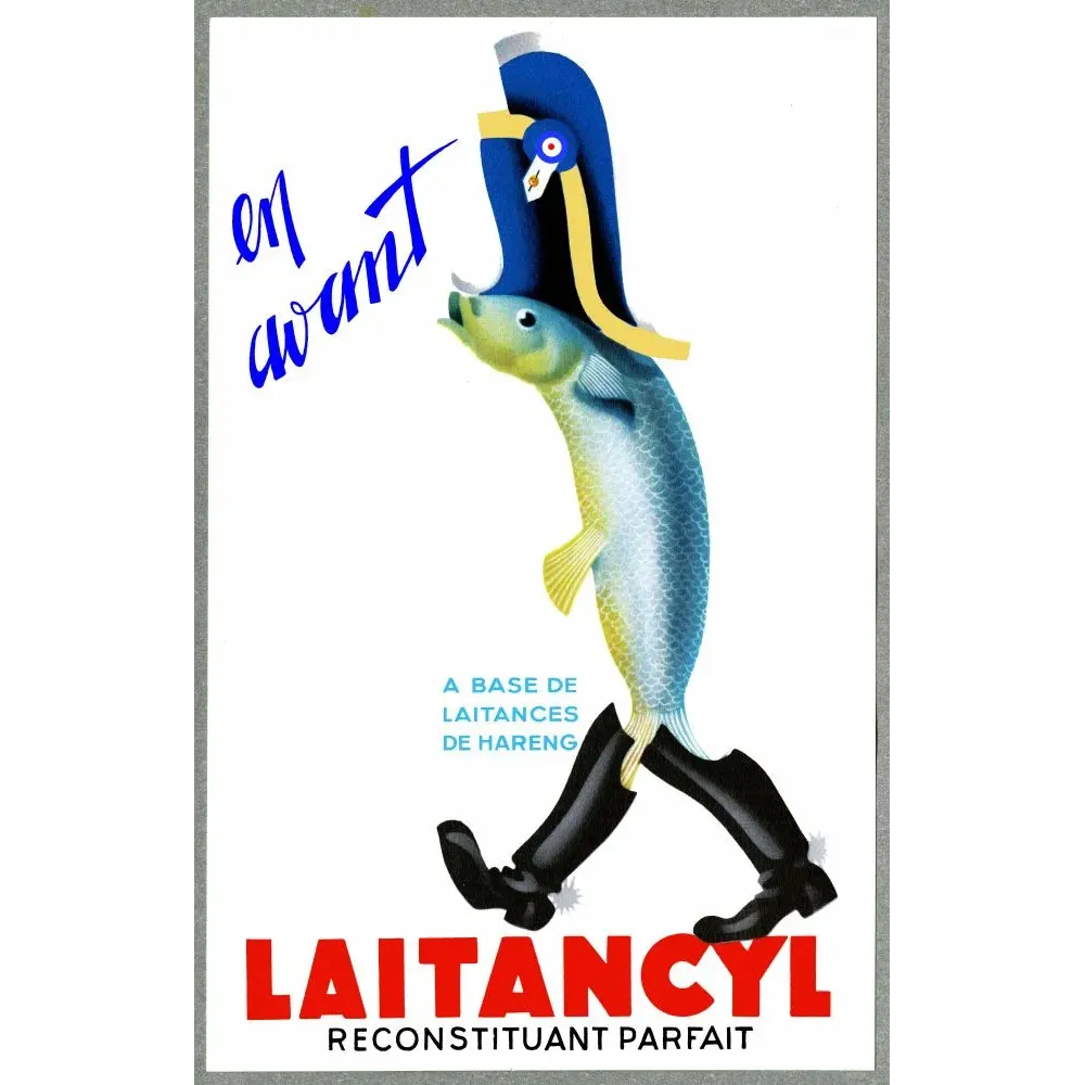 Publicité Art Déco Laitancyl poisson hareng grenadier napoléonien bicorne bottes noires reconstituant Publicité Art Déco Laitancyl poisson hareng grenadier napoléonien bicorne bottes noires reconstituant