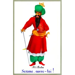 Illustration Ali Baba chef quarante voleurs costume oriental rouge vert turban couronne hache sabre Sésame ouvre-toi