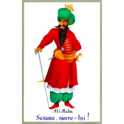 Illustration Ali Baba chef quarante voleurs costume oriental rouge vert turban couronne hache sabre Sésame ouvre-toi