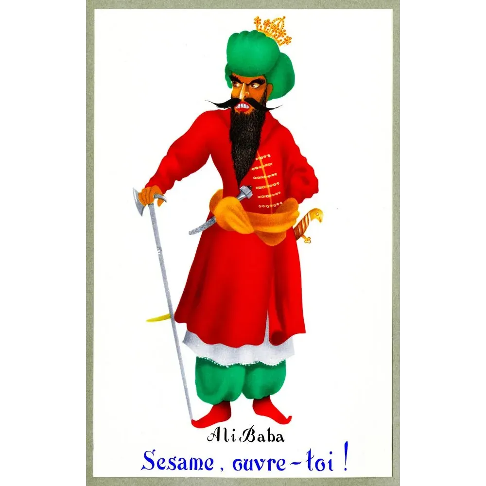Illustration Ali Baba chef quarante voleurs costume oriental rouge vert turban couronne hache sabre Sésame ouvre-toi Illustration Ali Baba chef quarante voleurs costume oriental rouge vert turban couronne hache sabre Sésame ouvre-toi