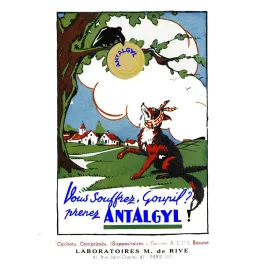 Publicité médicale Antalgyl corbeau renard Goupil bandage comprimé paysage campagne Laboratoires M. de Rive Paris