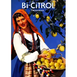 Publicité Bi-Citrol Marinier femme sourire costume méditerranéen panier citrons citronnier ciel bleu
