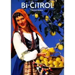 Publicité Bi-Citrol Marinier femme sourire costume méditerranéen panier citrons citronnier ciel bleu