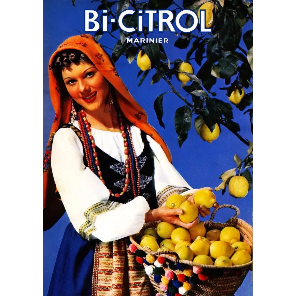 Publicité Bi-Citrol Marinier femme sourire costume méditerranéen panier citrons citronnier ciel bleu Publicité Bi-Citrol Marinier femme sourire costume méditerranéen panier citrons citronnier ciel bleu