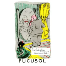 Publicité humoristique Fucusol amaigrissant homme corpulent miroir chat noir quatrain Art Déco années 1930
