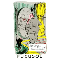 Publicité humoristique Fucusol amaigrissant homme corpulent miroir chat noir quatrain Art Déco années 1930