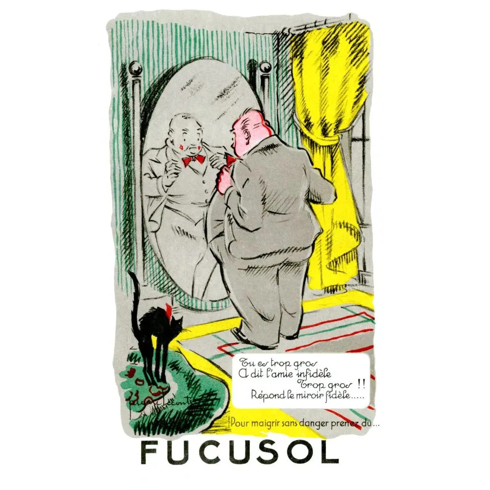 Publicité humoristique Fucusol amaigrissant homme corpulent miroir chat noir quatrain Art Déco années 1930 Publicité humoristique Fucusol amaigrissant homme corpulent miroir chat noir quatrain Art Déco années 1930