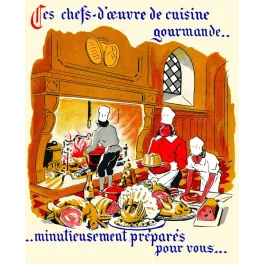 Illustration gastronomique cuisine médiévale cheminée cuisiniers toque plats fastueux jambon volaille champagne