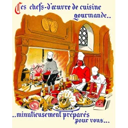Illustration gastronomique cuisine médiévale cheminée cuisiniers toque plats fastueux jambon volaille champagne