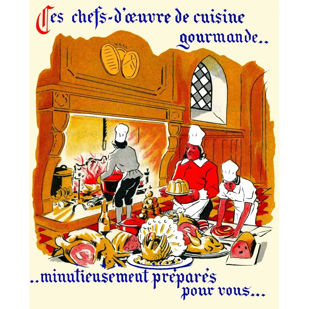 Illustration gastronomique cuisine médiévale cheminée cuisiniers toque plats fastueux jambon volaille champagne Illustration gastronomique cuisine médiévale cheminée cuisiniers toque plats fastueux jambon volaille champagne