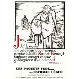 Publicité médicale Paquets Védé Estomac Léger moine Gargantua Rabelais gravure bois pichet