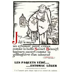 Publicité médicale Paquets Védé Estomac Léger moine Gargantua Rabelais gravure bois pichet
