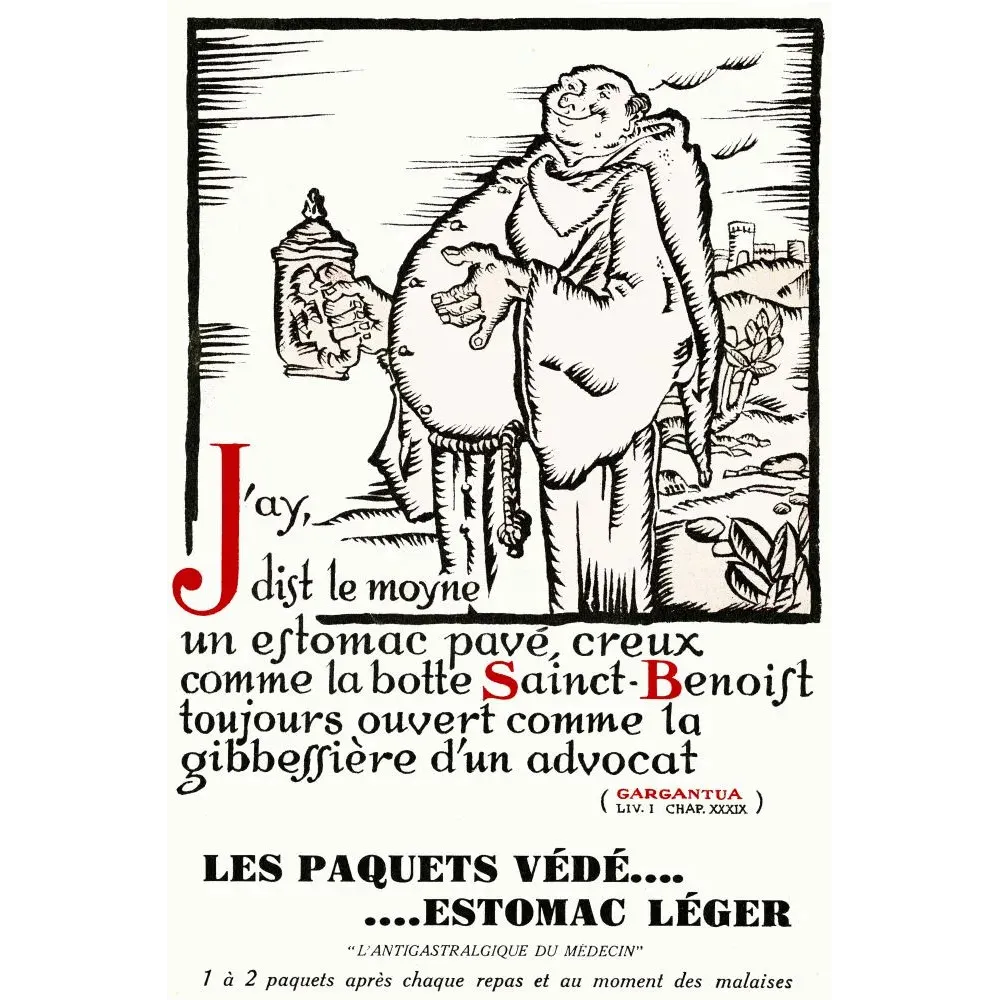Publicité médicale Paquets Védé Estomac Léger moine Gargantua Rabelais gravure bois pichet