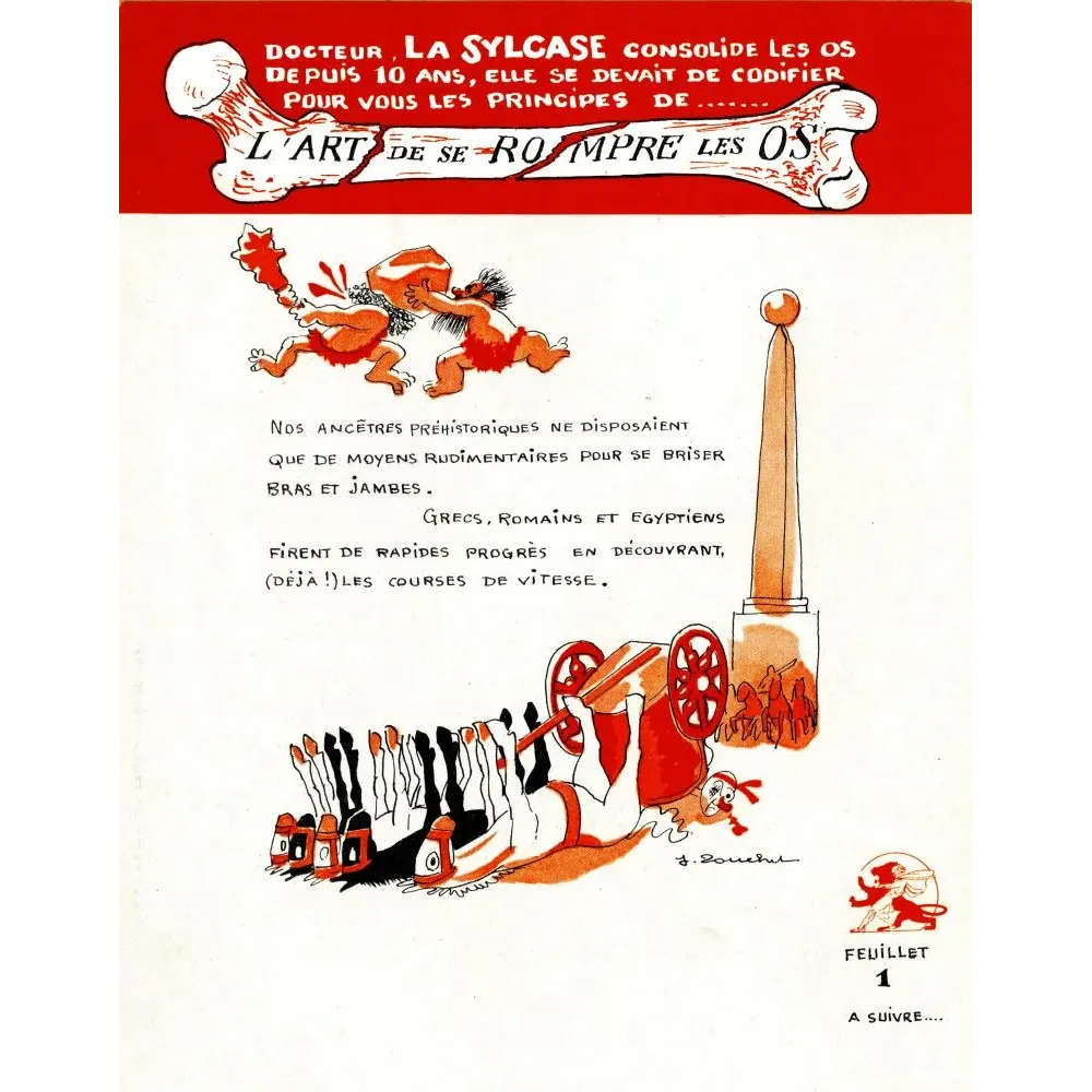 Publicité médicale humoristique La Sylcase art se rompre os Roucher préhistoriques course chars antique Publicité médicale humoristique La Sylcase art se rompre os Roucher préhistoriques course chars antique