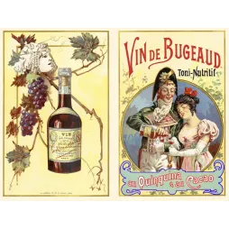 Publicité chromolithographie Vin de Bugeaud toni-nutritif quinquina cacao Lebeault Paris couple Directoire bouteille