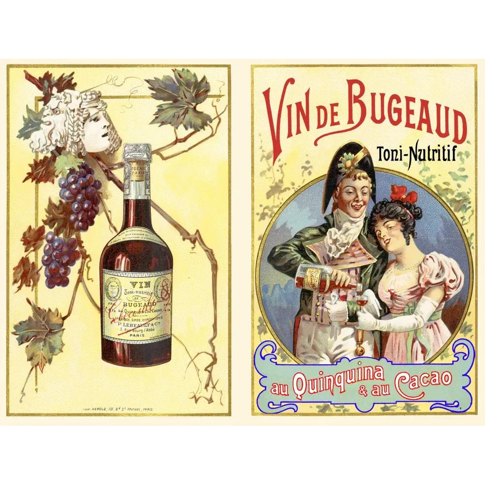 Publicité chromolithographie Vin de Bugeaud toni-nutritif quinquina cacao Lebeault Paris couple Directoire bouteille Publicité chromolithographie Vin de Bugeaud toni-nutritif quinquina cacao Lebeault Paris couple Directoire bouteille