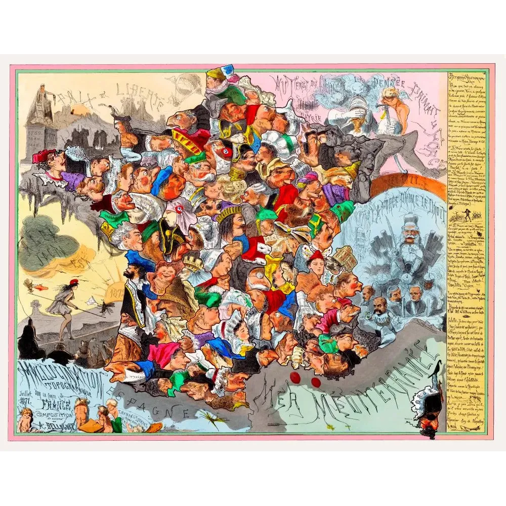 Carte caricaturale France juillet 1871 A. Belloguet portraits satiriques politiques Commune guerre franco-prussienne