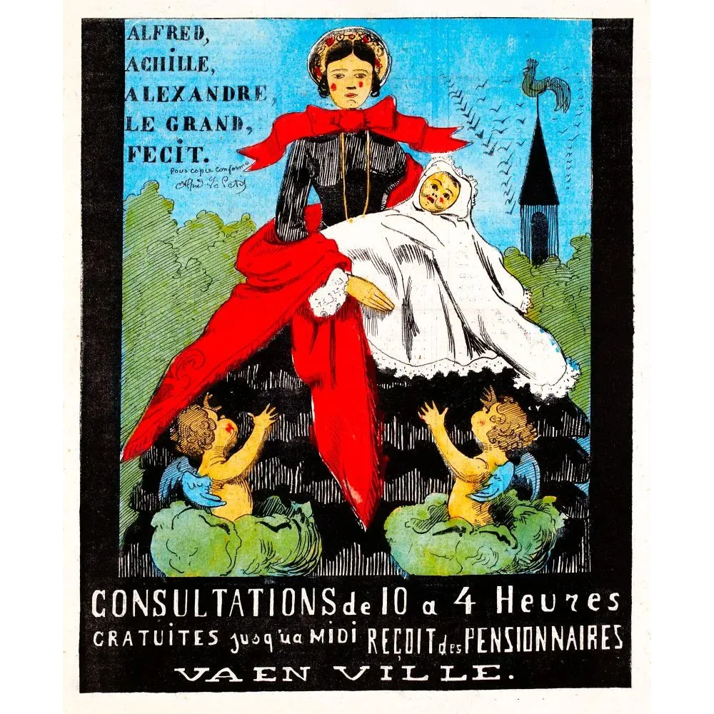 Affiche humoristique Alfred Le Petit consultation médicale sage-femme nourrisson choux angelots caricature XIXe Paris Affiche humoristique Alfred Le Petit consultation médicale sage-femme nourrisson choux angelots caricature XIXe Paris