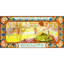 Illustration Alfons Mucha biscuits Lefèvre-Utile LU femme luth Venise Grand Canal Art Nouveau bordure florale