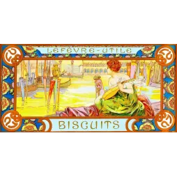 Illustration Alfons Mucha biscuits Lefèvre-Utile LU femme luth Venise Grand Canal Art Nouveau bordure florale