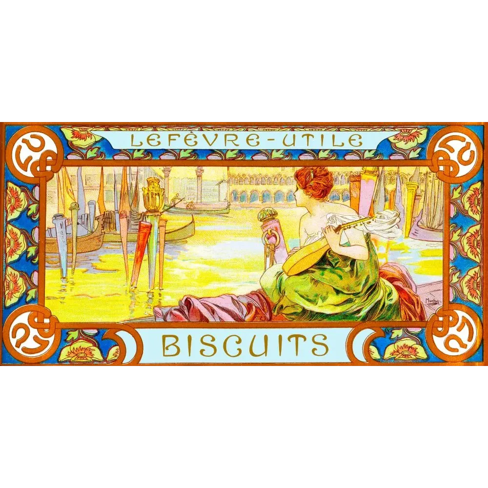 Illustration Alfons Mucha biscuits Lefèvre-Utile LU femme luth Venise Grand Canal Art Nouveau bordure florale