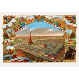 Affiche chromolithographie Exposition Universelle Paris 1889 Tour Eiffel Champ-de-Mars pavillons nations drapeaux