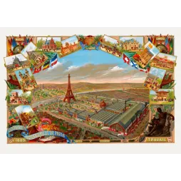 Affiche chromolithographie Exposition Universelle Paris 1889 Tour Eiffel Champ-de-Mars pavillons nations drapeaux