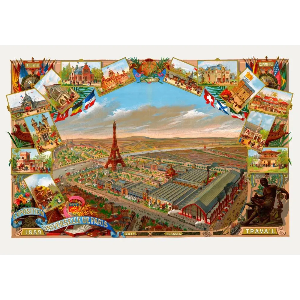 Affiche chromolithographie Exposition Universelle Paris 1889 Tour Eiffel Champ-de-Mars pavillons nations drapeaux