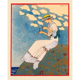 Illustration aquarelle Georges Barbier 1913 femme robe blanche rayée coquelicots marguerite turban bord mer