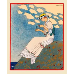 Illustration aquarelle Georges Barbier 1913 femme robe blanche rayée coquelicots marguerite turban bord mer