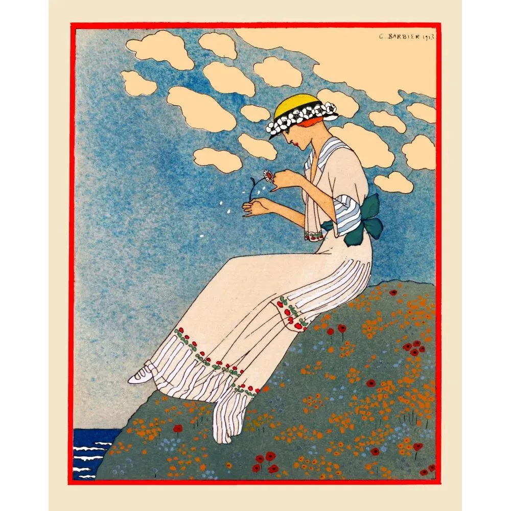 Illustration aquarelle Georges Barbier 1913 femme robe blanche rayée coquelicots marguerite turban bord mer