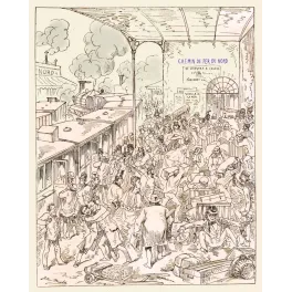 Illustration humoristique John Michl gare Chemin de Fer du Nord Paris chaos voyageurs train Calais Douvres XIXe