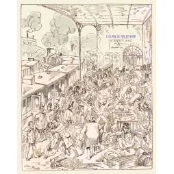 Illustration humoristique John Michl gare Chemin de Fer du Nord Paris chaos voyageurs train Calais Douvres XIXe
