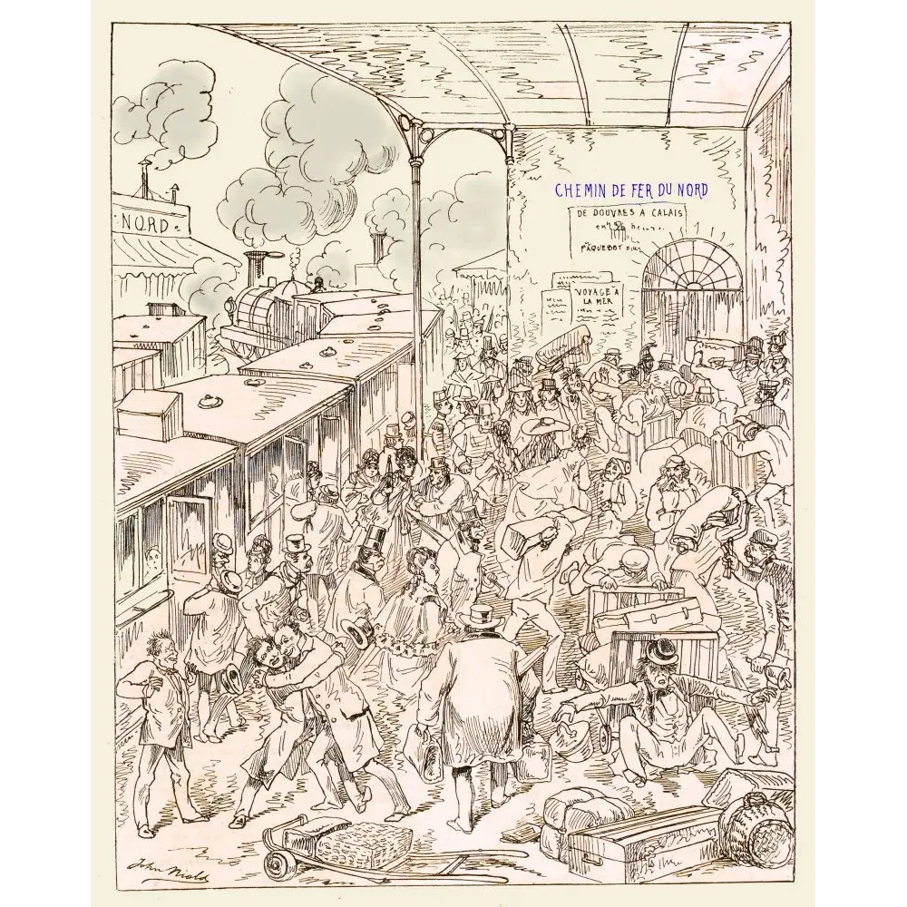 Illustration humoristique John Michl gare Chemin de Fer du Nord Paris chaos voyageurs train Calais Douvres XIXe