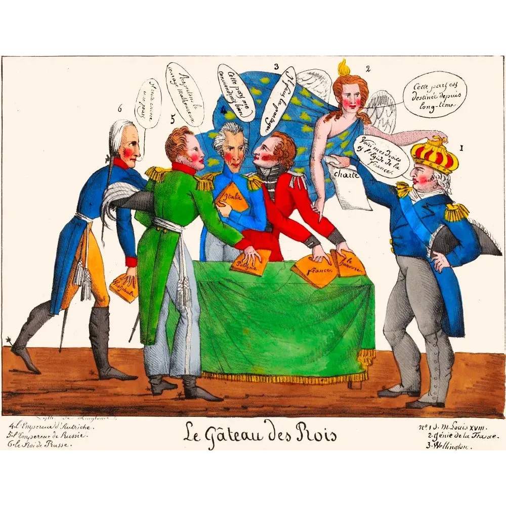 Caricature politique 1815 Gâteau des Rois Louis XVIII Wellington Napoléon Autriche Russie Prusse table verte Caricature politique 1815 Gâteau des Rois Louis XVIII Wellington Napoléon Autriche Russie Prusse table verte