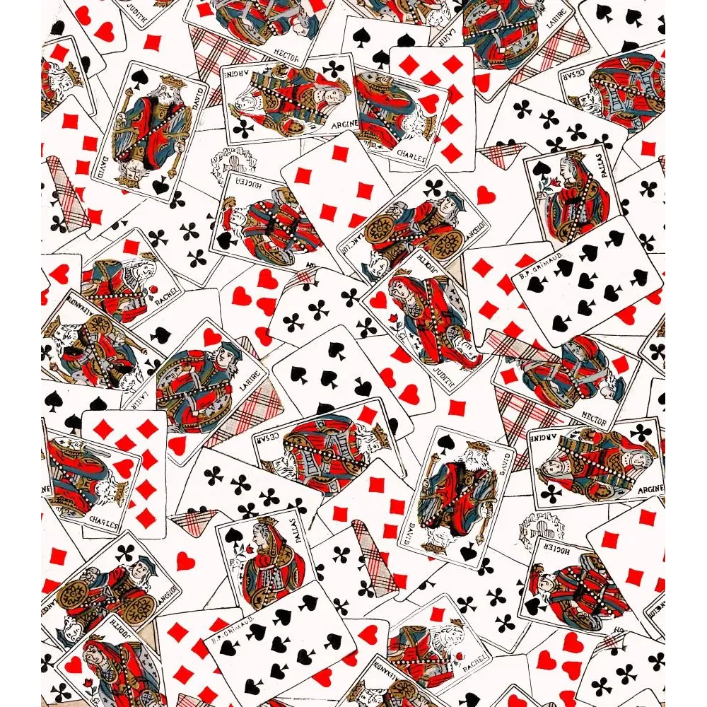 Trompe-l'œil cartes à jouer françaises B.P. Grimaud éparpillées rois David Hector dames Rachel Pallas valets Lancelot XIXe Trompe-l'œil cartes à jouer françaises B.P. Grimaud éparpillées rois David Hector dames Rachel Pallas valets Lancelot XIXe