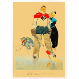 Illustration Art Déco René Vincent gardien hockey glace maillot ILN élégante robe noire patinoire humour 1930