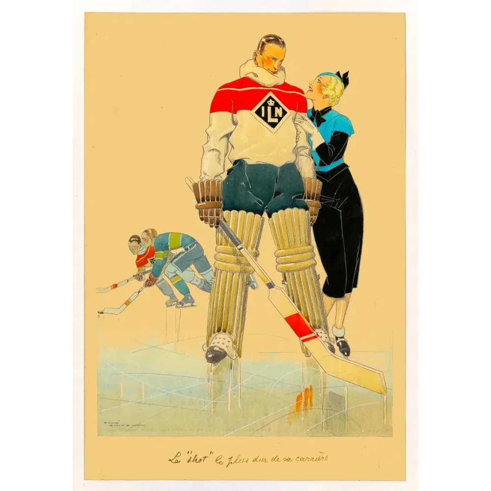 Illustration Art Déco René Vincent gardien hockey glace maillot ILN élégante robe noire patinoire humour 1930 Illustration Art Déco René Vincent gardien hockey glace maillot ILN élégante robe noire patinoire humour 1930