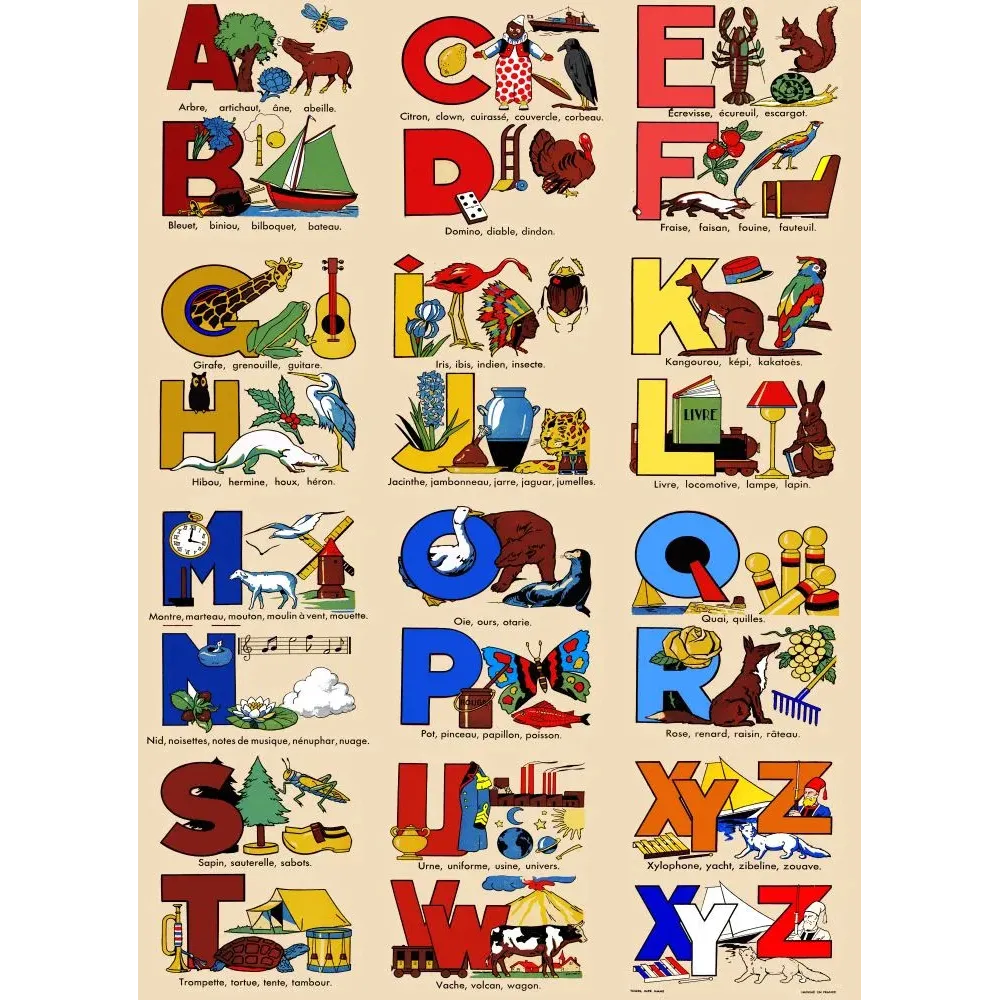Abécédaire illustré français années 1950 alphabet couleurs animaux objets école primaire girafe kangourou bateau