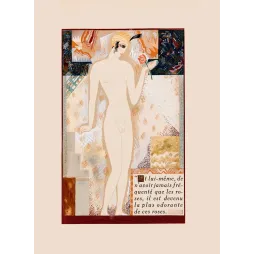 Illustration Art Déco nu féminin stylisé rose orange turban doré fond géométrique floral texte poétique 1920
