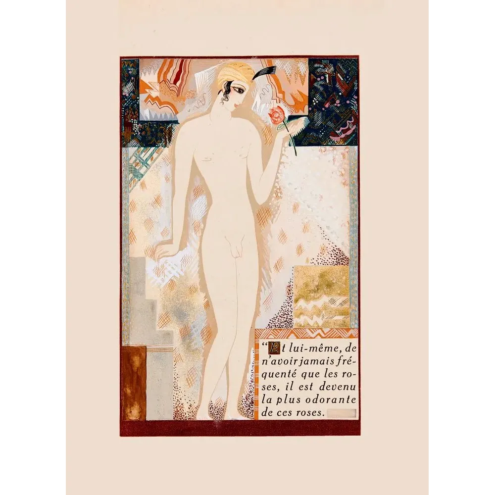 Illustration Art Déco nu féminin stylisé rose orange turban doré fond géométrique floral texte poétique 1920 Illustration Art Déco nu féminin stylisé rose orange turban doré fond géométrique floral texte poétique 1920