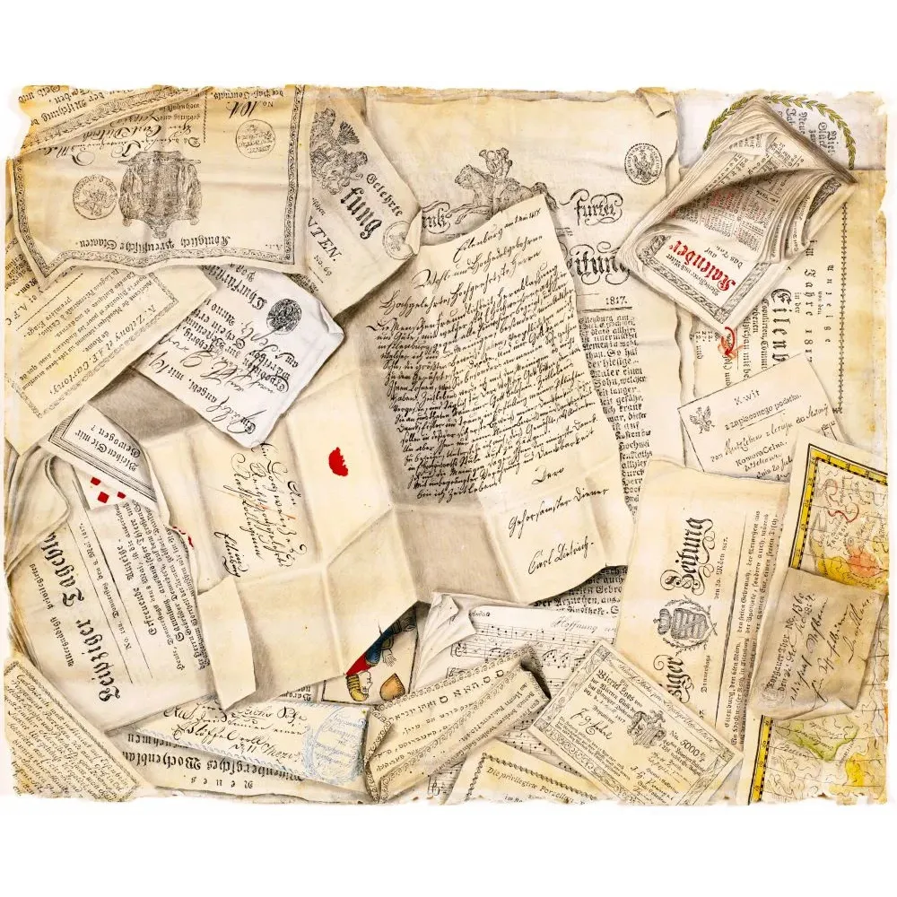 Trompe-l'œil documents allemands épistolaires Carl Ludwig journaux gothiques sceaux aigles prussiens XIXe 1817 Trompe-l'œil documents allemands épistolaires Carl Ludwig journaux gothiques sceaux aigles prussiens XIXe 1817