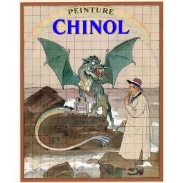 Affiche publicitaire Peinture Chinol dragon vert ailé pot peinture rochers peintre signé Braakensiek