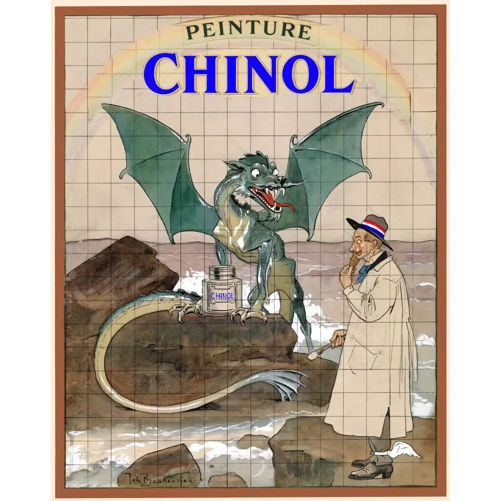 Affiche publicitaire Peinture Chinol dragon vert ailé pot peinture rochers peintre signé Braakensiek Affiche publicitaire Peinture Chinol dragon vert ailé pot peinture rochers peintre signé Braakensiek