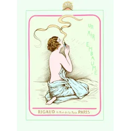 Affiche parfum Rigaud 16 Rue de la Paix Paris femme nue de dos flacon fumée dorée Un air embaumé